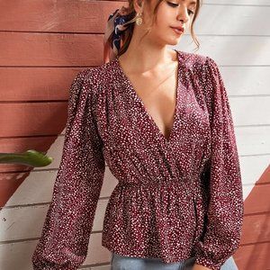 Shein Dalmatian Print Burgundy Bishop Sleeve Peplum Blouse | Size S